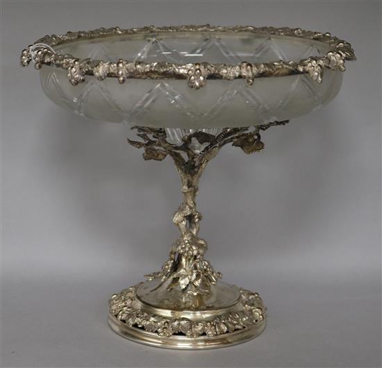 A Victorian plated vine cast fruit stand with frosted cut glass bowl, height 23cm